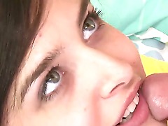 Handsome and sexy amateur babes with dark hair or blondes enjoy in sucking and licking hard bazookas on their knees and getting their faces covered with hot jizz in pov