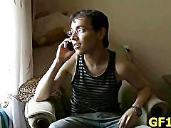 She takes off his blue shirt and begins kissing some spots