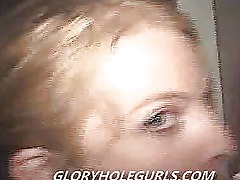 Amateur blonde giving gloryhole blowjobs and swallowing cum