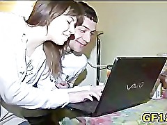 She raises her blue top and shows not big