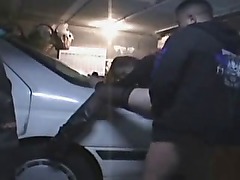 Fucked against car in garage gets cum on her tits
