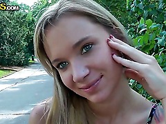 Guy seduces this so beautiful blonde chick with innocent face to have sex with him before camera in some public place. She thinks for a while and then agrees to do it!