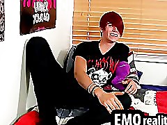 Emo teen removes his clothes to tease his cock