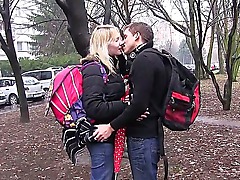 Young looking slutty blonde babe Monika I with hot body and pretty face gets blindfolded by her boyfriend