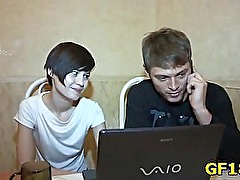 Guy sits and stares at his girlfriend getting fucked hard