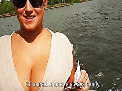 Blonde amateur with massive boobs flashed and