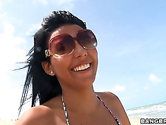 We met Bruna on our vacation in Brazil.Shes a sweet babe with amazing tits beneath that sexy bikini she has on.We chat with her a little and try to talk her into going to our apartment for some fun.