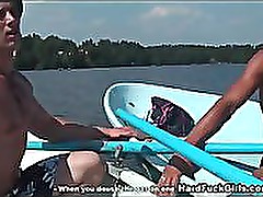 Blonde fucked hard in a boat on the lake three guys