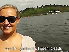 Blonde amateur with massive boobs flashed and fucked outdoor