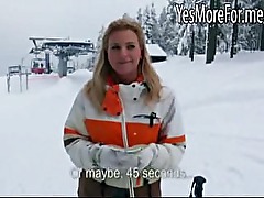 Blonde shows tits and ass in the snow before having sex in room