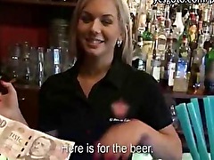 Smoking amateur blonde girl payed and hard pounded in the bar