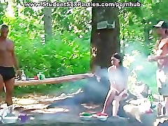 Jaw-breaking blowjob at an outdoor party
