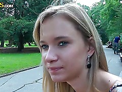 Arousing and slim blonde amateur Beatrice with nice body and small tits on it enjoys in getting recorded as she takes off her dress and shows her nice figure in public for the cam.