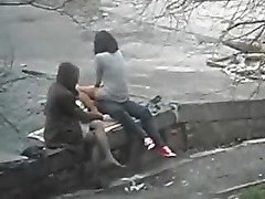 Girl stands guard while her BFF gets fucked in public