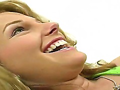 Young playful amateur blonde Laura with natural boobs and pretty smile demonstrate oral skills on vibrator and reveals natural perky boobs at her first interview filmed in point of view.