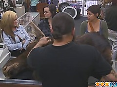 Two hot lesbians have lesbian sex for money in pawn shop